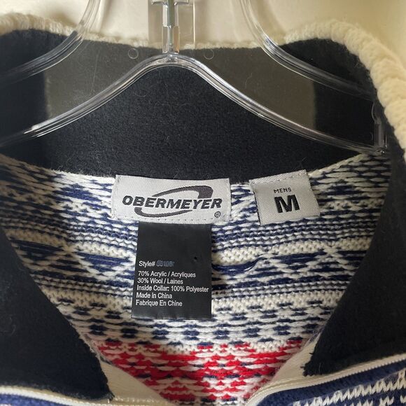 Obermeyer Men’s Quarter Zip Ski Sweater Wool Blend Beige Navy Red Fair Isle M - Picture 3 of 7